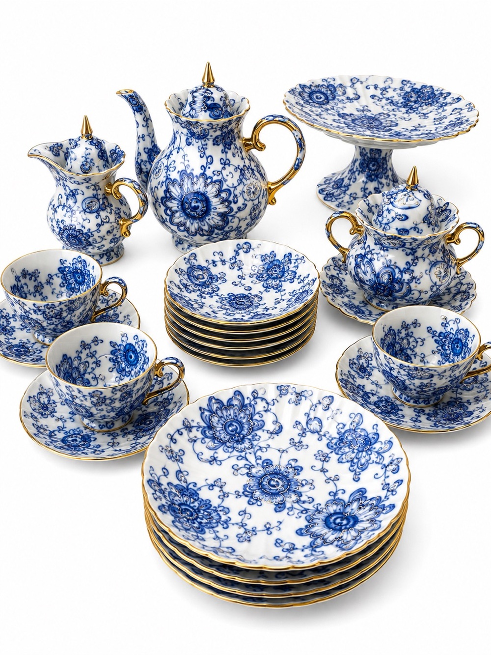 Blue and White Porcelain Tea and Dessert Set with Gold Trim